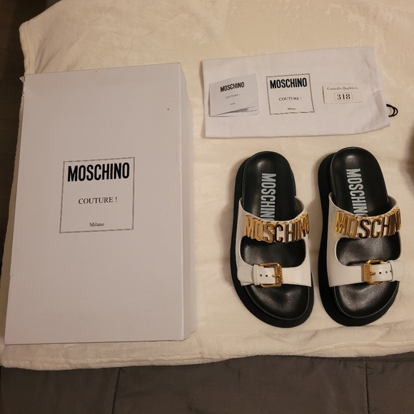 Moschino White and Black Sandals with Gold Accents - Picture 2 of 8